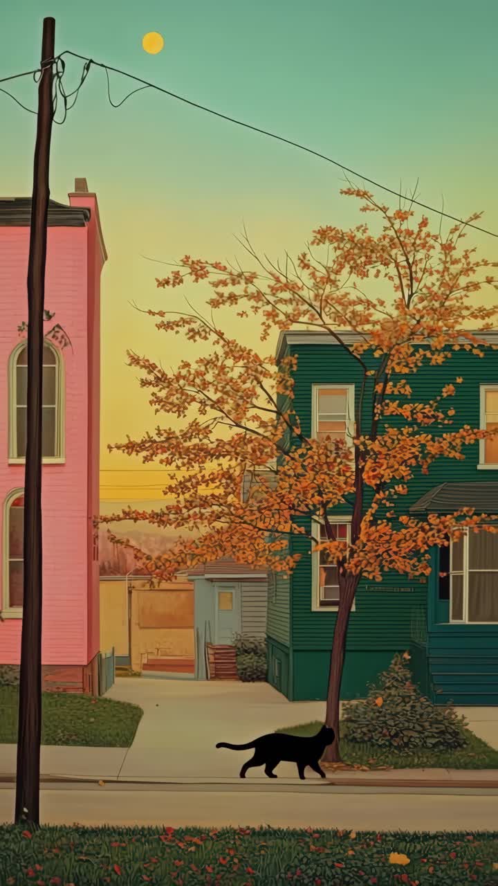 A serene street scene at dusk with a black cat walking, captured from a side angle