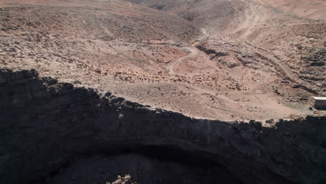 aerial view of a flock of sheep and goats on the coast climbing a mountain in search of pasture, in a desert area