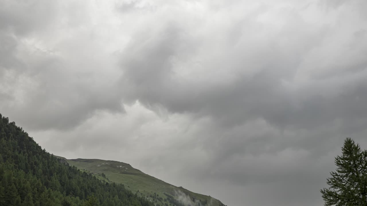 lapso de tiempo de nubes en movimiento rápido sobre un valle de bosque alpino con picos de montaña en el fondo
