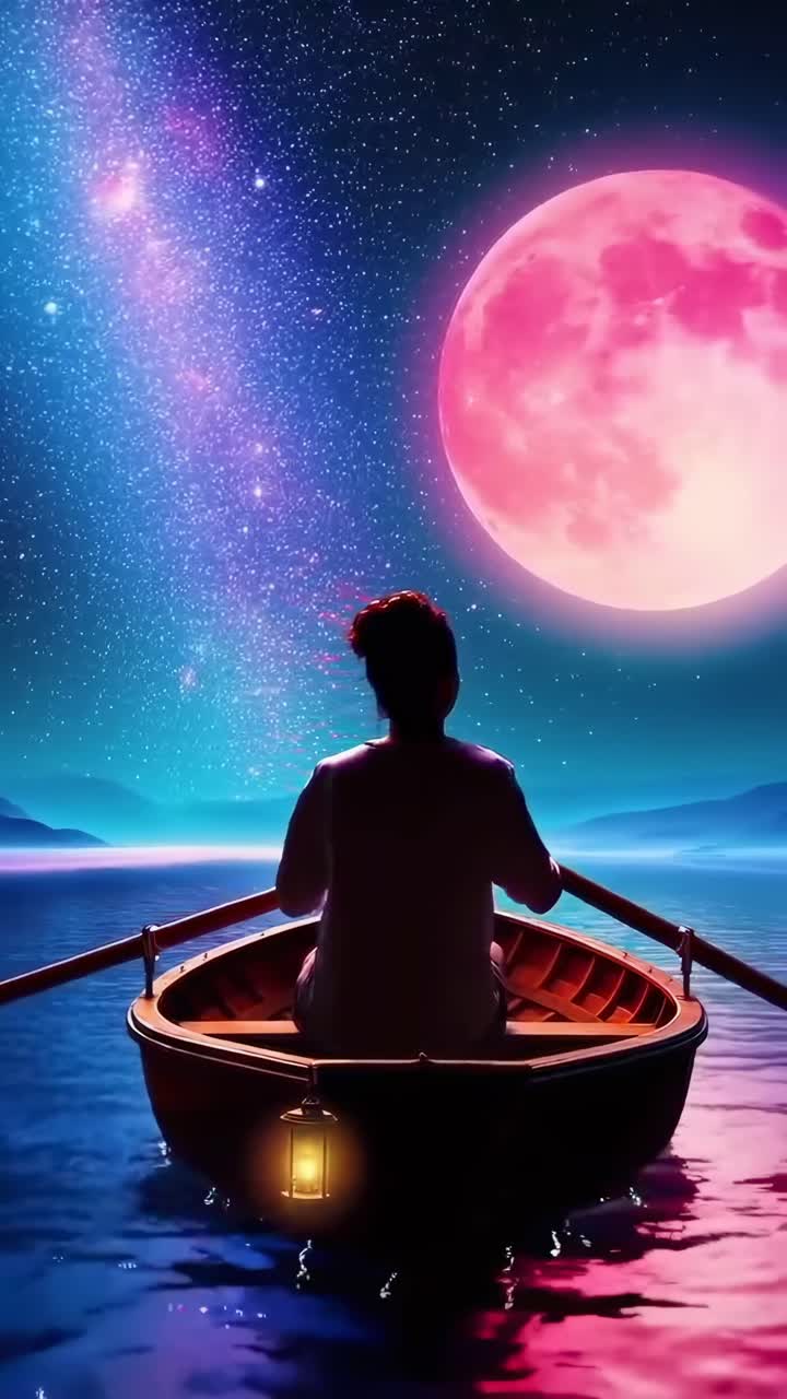 Silhouette in barca sotto una luna rosa, ripresa da dietro. Stile video onirico, cinematografico. Live mobile.