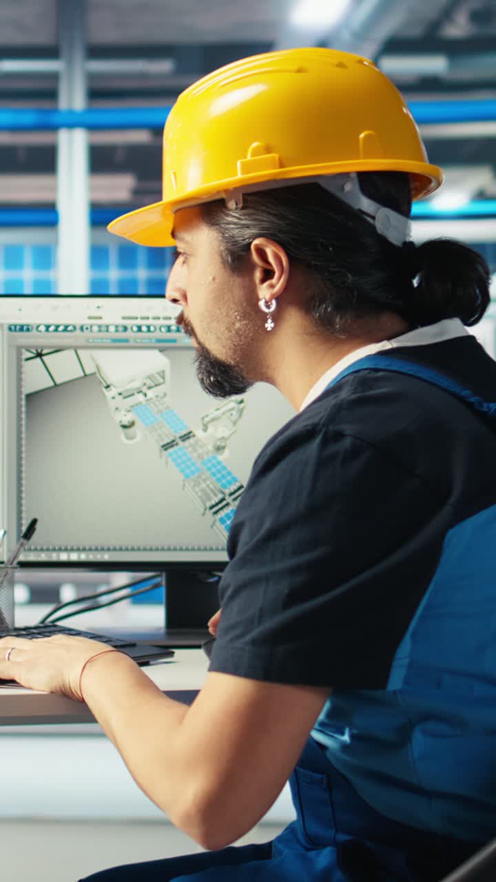 Vertical Video Photovoltaics Factory Engineer Using Ai Tech To Inspect Solar Plant Machinery