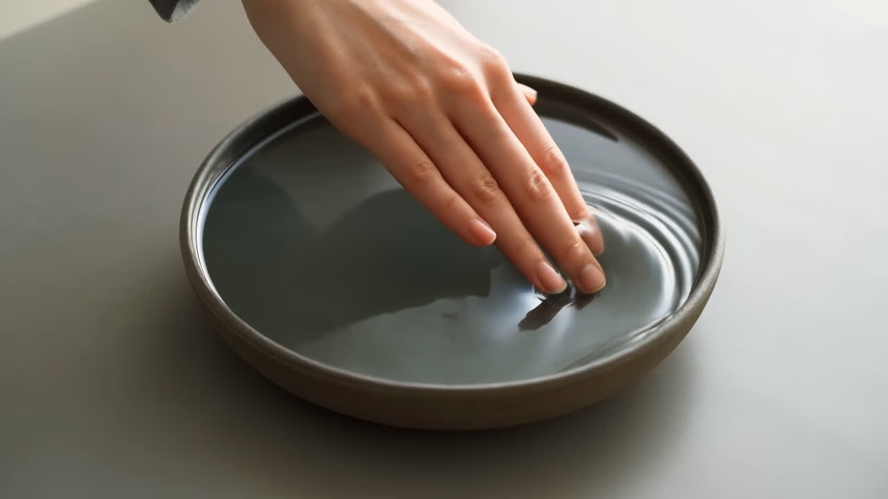 Hand Touching Water In Bowl Creating Concentric Ripples, Closeup Of Gentle Fingers Gliding Over Smooth