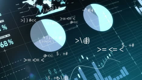 símbolos matemáticos contra el procesamiento de datos estadísticos en fondo azul