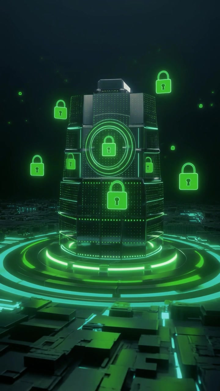 Digital Server Tower Surrounded by Glowing Green Security Padlocks