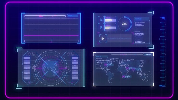 Digital animation of digital interface with data processing against blue background