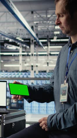 vertical video data center worker uses isolated screen smartphone while deploying deep learning
