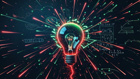 glowing lightbulb with scientific formulas