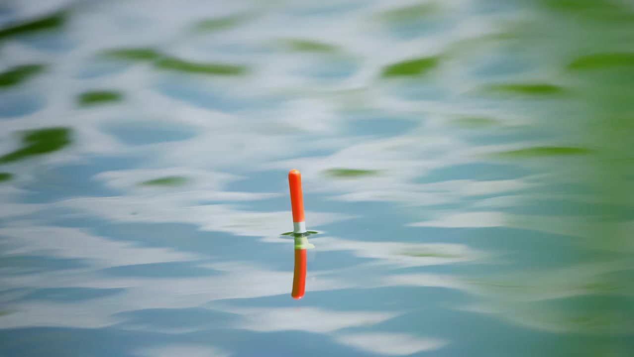 Orange Fishing Bobber Floating on Calm Green Water