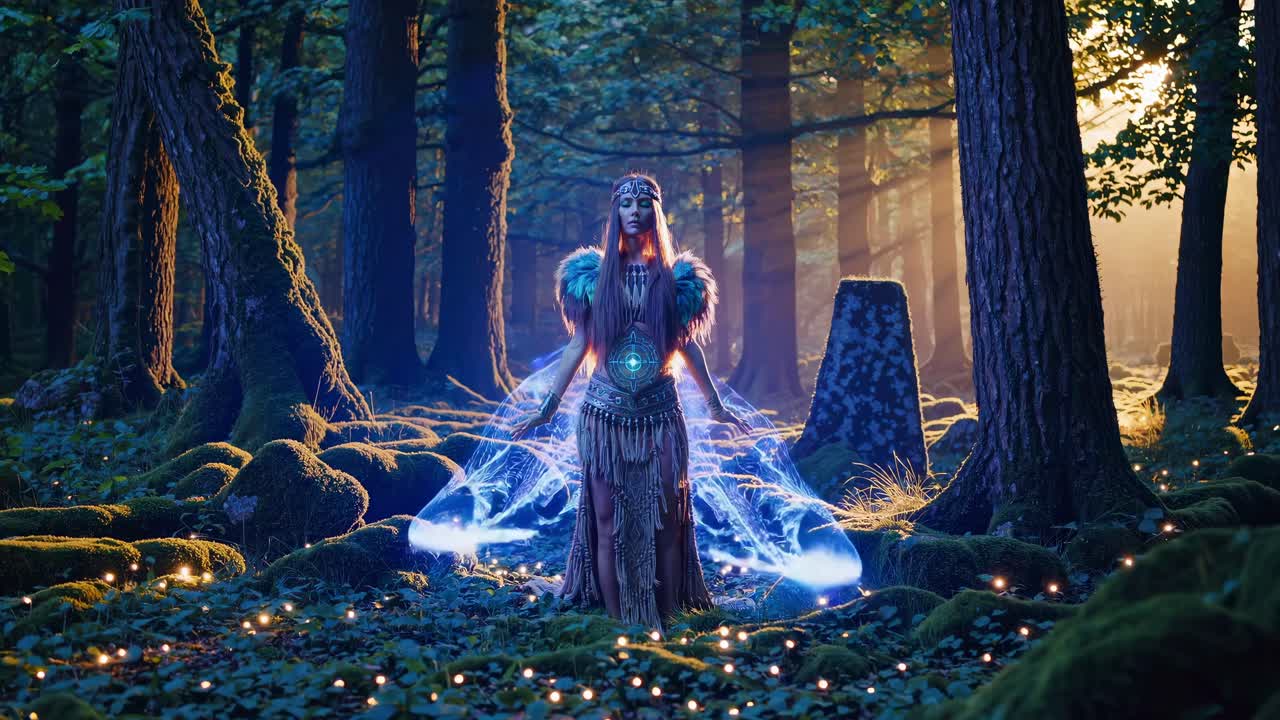 Shaman invoking magical powers surrounded by glowing lights in an enchanted forest at twilight, creating a mystical and evocative atmosphere