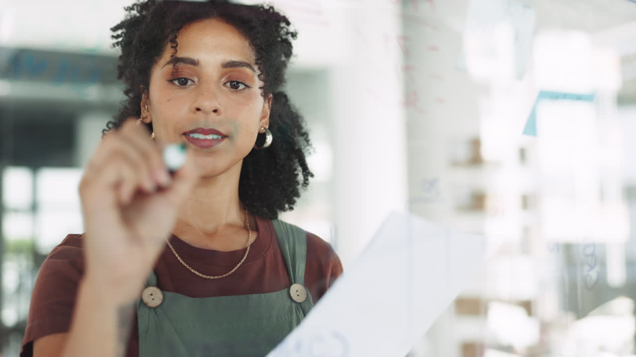 mulher, escritório e painel de vidro para planejamento