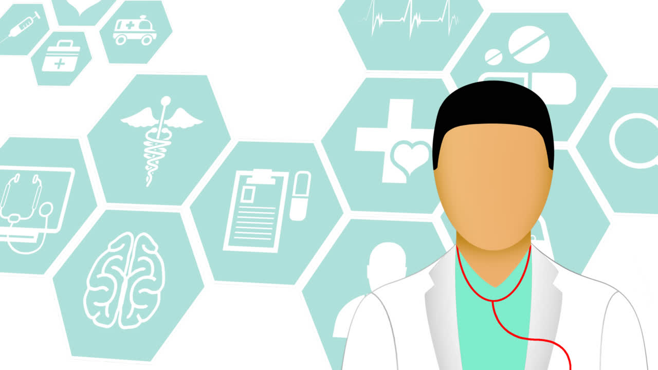 animación del icono del médico sobre los iconos médicos en fondo blanco
