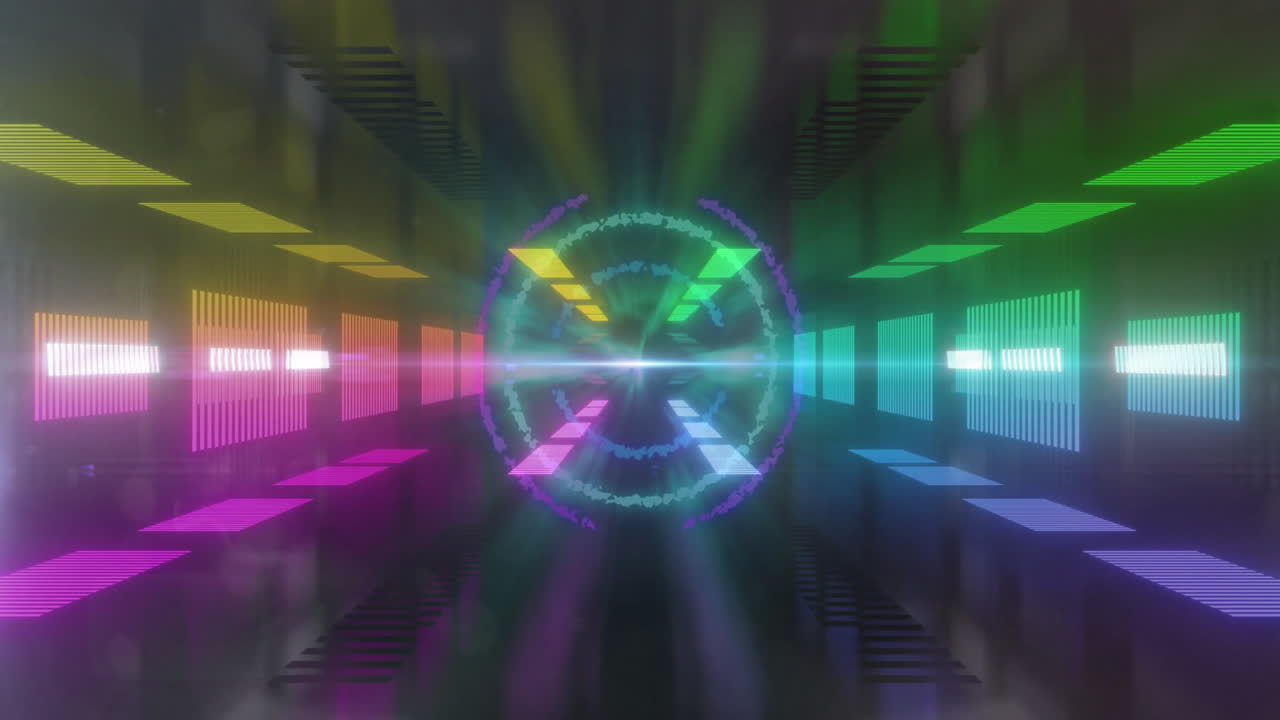 Colorful digital patterns and light beams forming futuristic tunnel animation