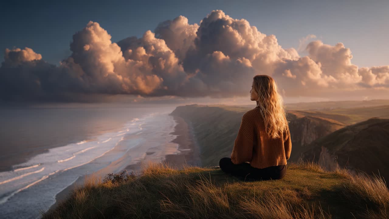 Serene Reflection: A Woman Meditates on a Coastal Bluff Amidst Majestic Clouds and an Expansive Seascape at Sunset