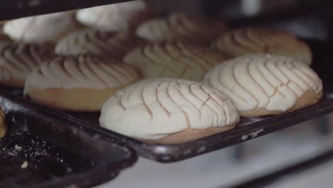 freshly baked pastries on a baking tray inside a bakery oven, cooling after baking