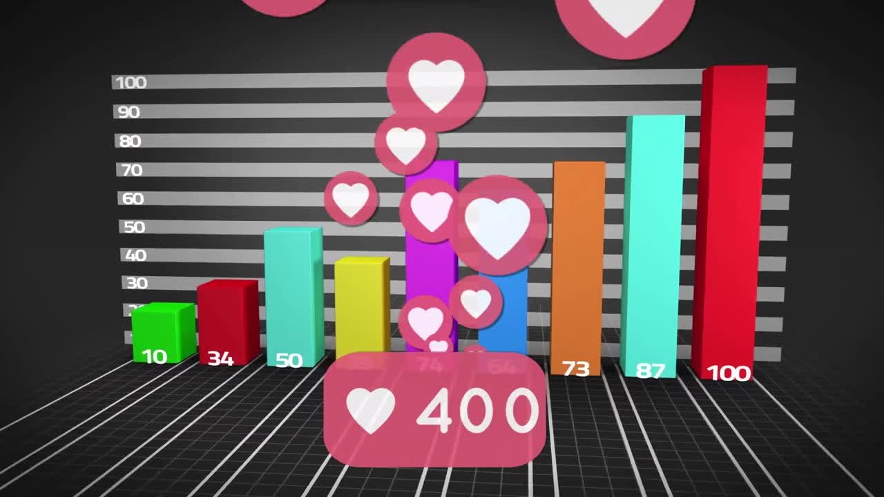 animación de iconos y números de redes sociales sobre estadísticas y procesamiento de datos