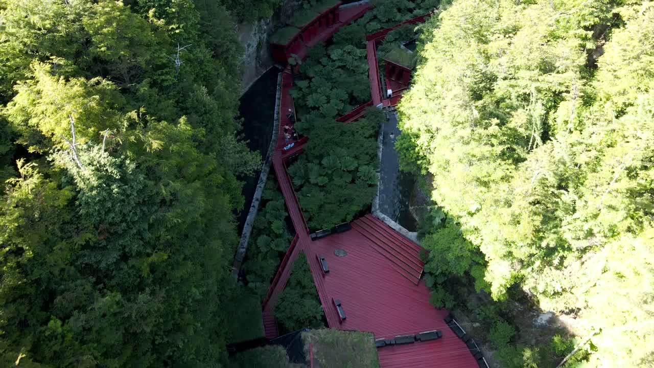 由森林包圍的termas geometricas溫泉複合體的跑道和游泳池的空中滑梯,科納里佩,智利