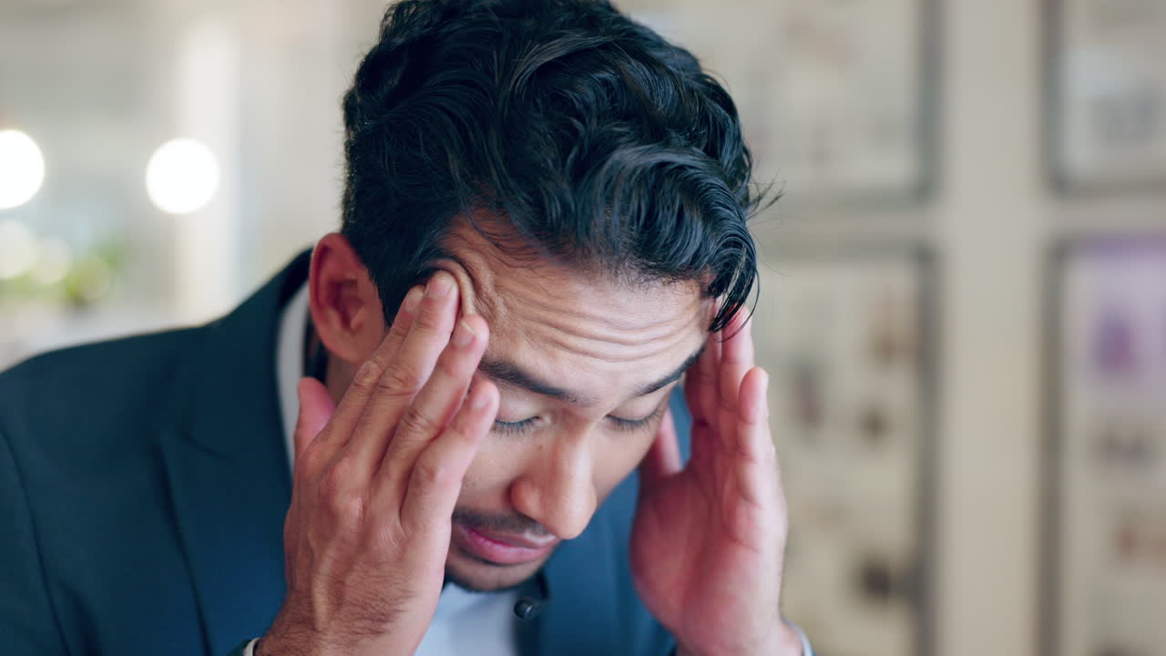 Call center, fatigue or tired man with burnout