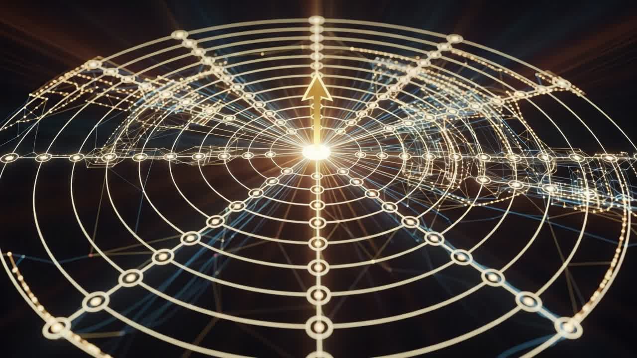 A Visualization of Geometric Patterns and Directionality in a 3D Space, Highlighting Symmetry and Flow with an Arrow Indicating Movement Towards the Center