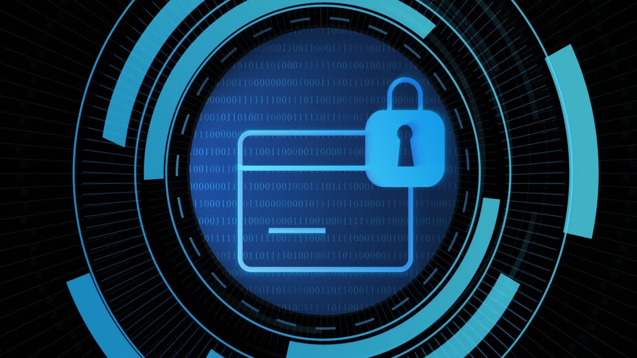 animación de la tarjeta y el candado digital en el círculo de procesamiento sobre fondo negro