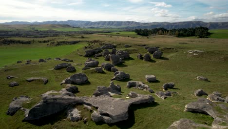 Aerial-view-of-natural-Elephant-Rocks,-limestone-formations-and-New-Zealand-beautiful-landscape