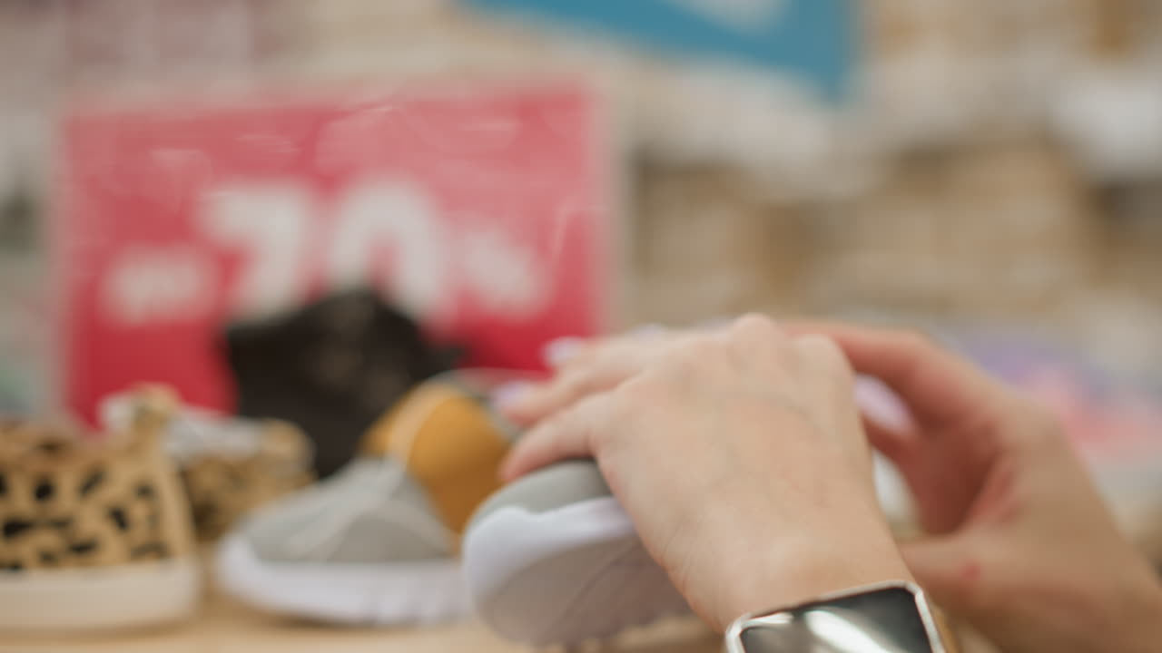 Expectant mother with manicured nails examines tiny child shoe on store shelf gently touching soft sole while browsing gift display in bright supermarket aisle with blurred shoppers
