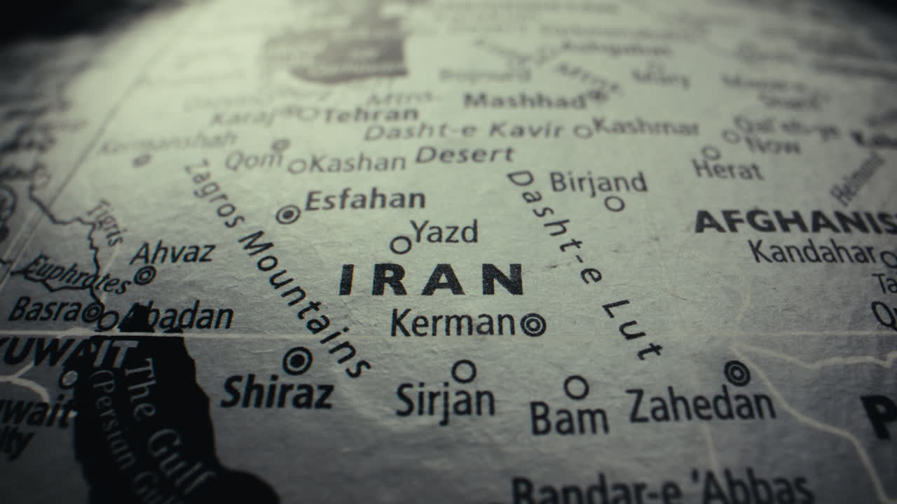 Close-up of a vintage world map, focusing on Iran