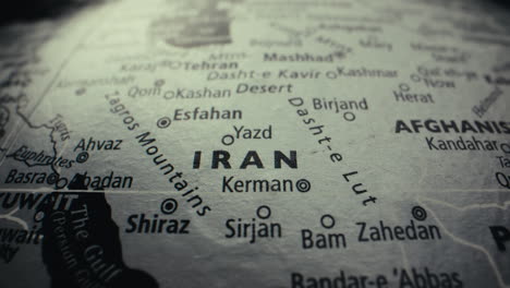 close-up of a vintage world map, focusing on iran