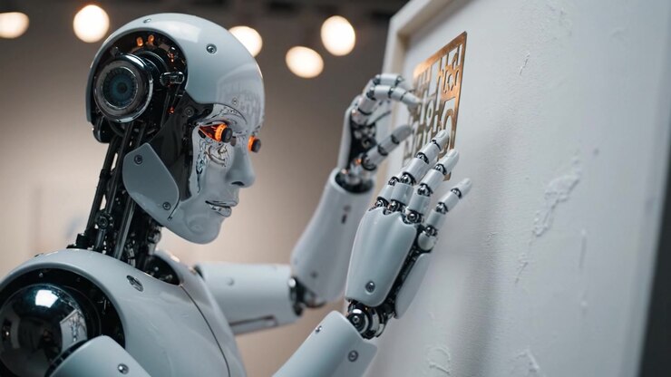 Una figura robotica applica meticolosamente un adesivo su una tela bianca in una galleria d'arte moderna, mostrando l'intersezione tra tecnologia e creatività in un'esposizione unica.