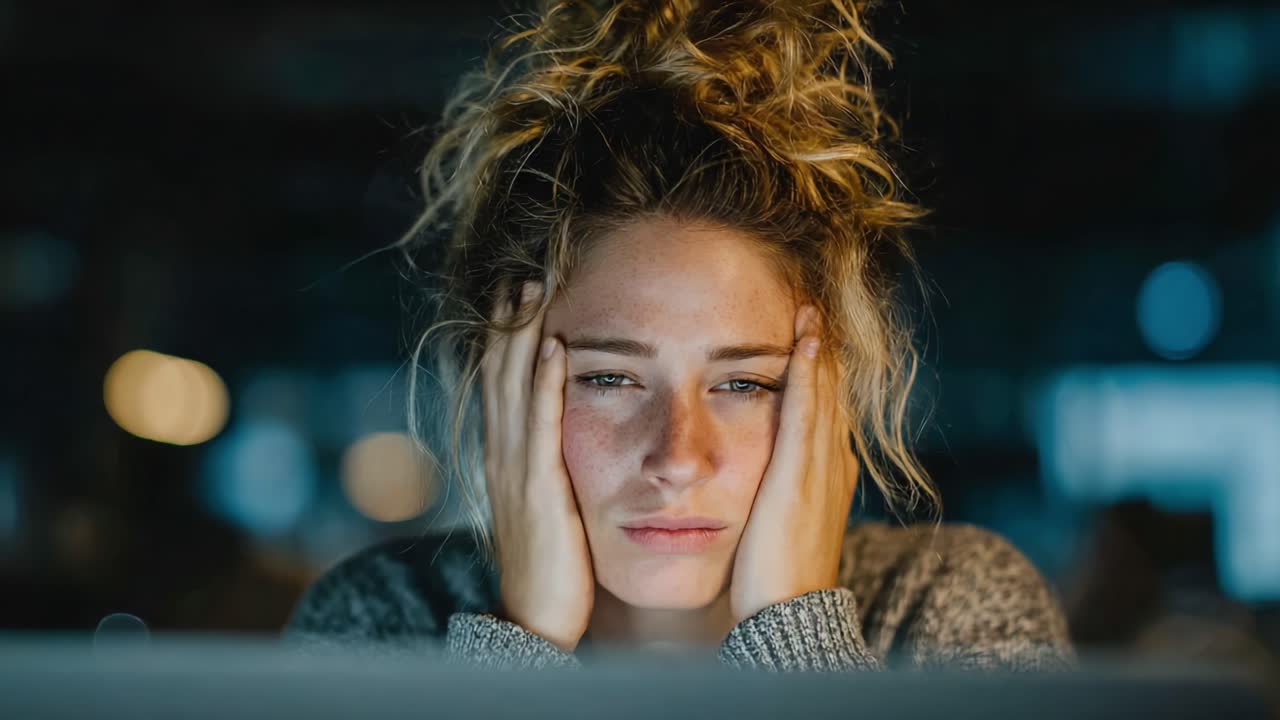 A Frustrated Young Woman Contemplates Amidst Dim Lighting and Computer Screen Glow, Expressing Discontent and Weariness in a Quiet, Moody Setting