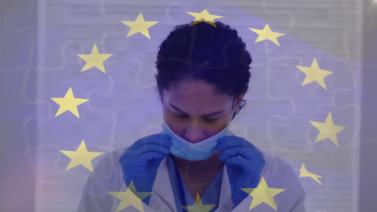 animación de la bandera de la ue sobre una doctora biracial con máscara facial