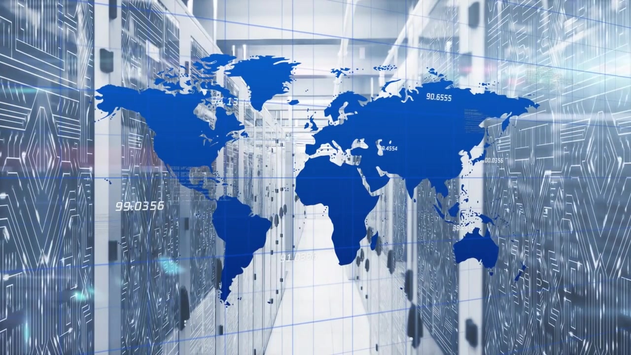 Animasjon av lyspunkt over verdenskart og mikroprosessorforbindelser mot et serverrom.