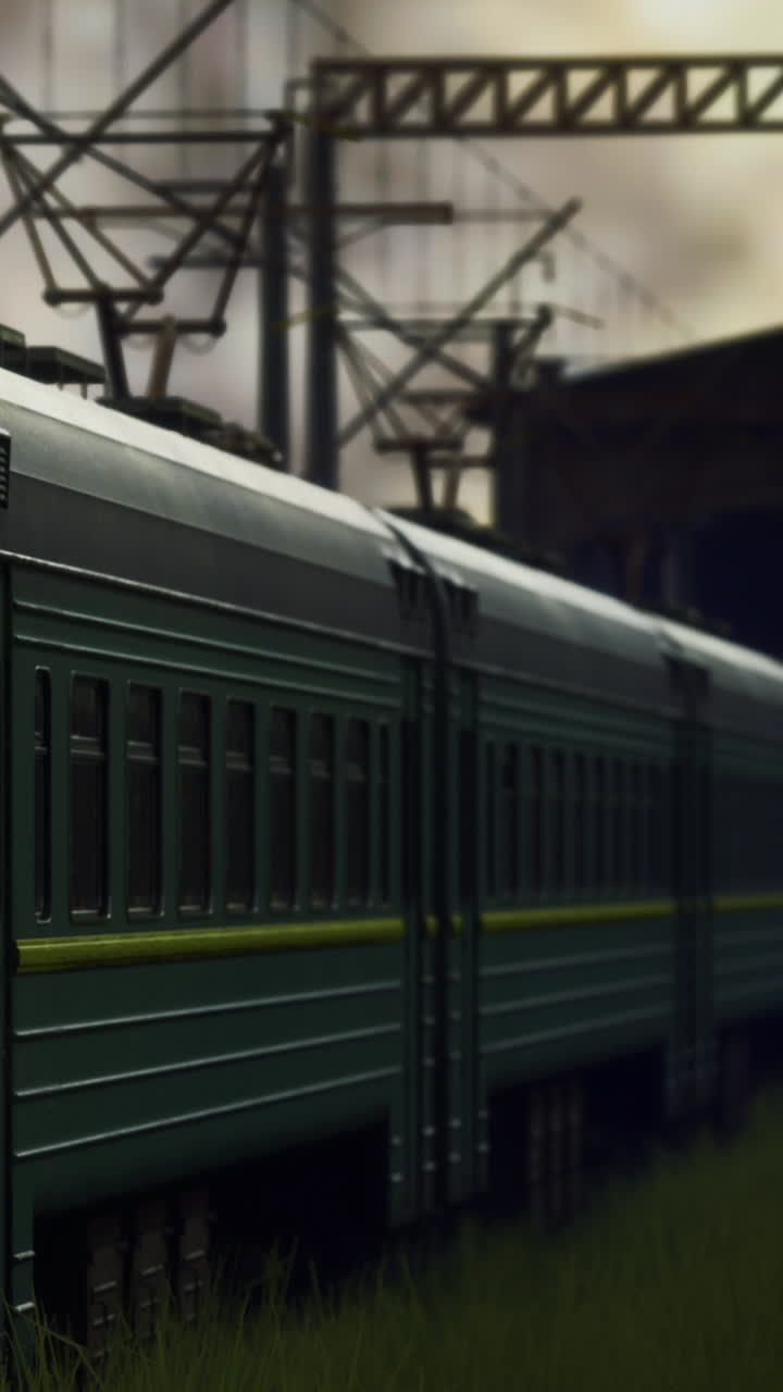 Train parked at station with structure in background during evening hours