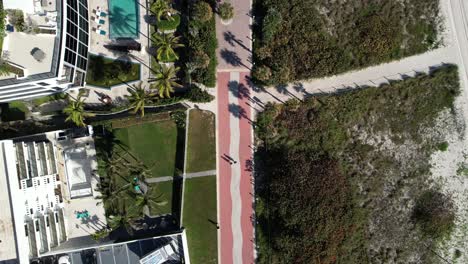 Overhead-Drohnenvideo-Eines-Spazierwegs-Am-Strand-An-Einem-Strahlend-Sonnigen-Tag-Mit-Palmen-Und-Spaziergängern,-Die-Den-Spazierweg-Genießen