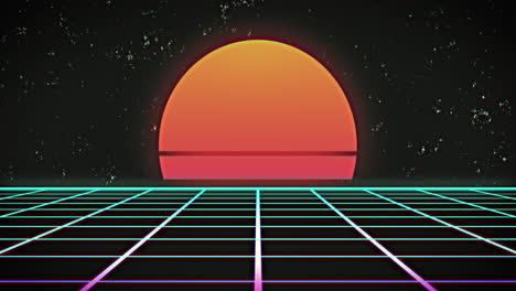 animation of glowing orange sun moving on seamless loop over green grid at night