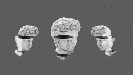 animación de tres esculturas de cabezas pixeladas en un fondo de patrón gris