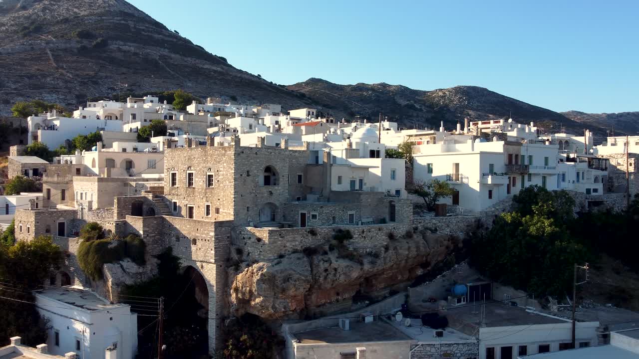 Aerial Orbit View of Tower of Zeugolis in Apeiranthos Village, Naxos, Greece
