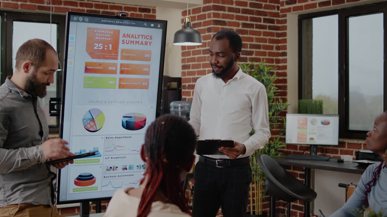 Business people using monitor to do financial presentation
