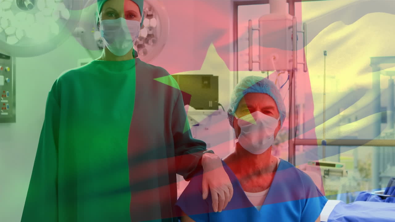 animación de la bandera de camerún ondeando sobre los cirujanos con máscaras faciales