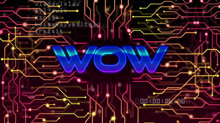 Animazione del testo 'wow' su elaborazione dati e scheda di circuito per computer su sfondo nero