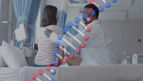 animación de cadena de adn sobre diversos médicos y pacientes masculinos en el hospital