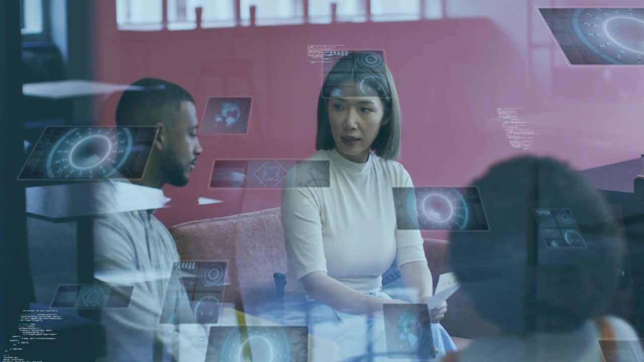 Mid adult woman reading report triggers holographic overlays and circular icons in business meeting