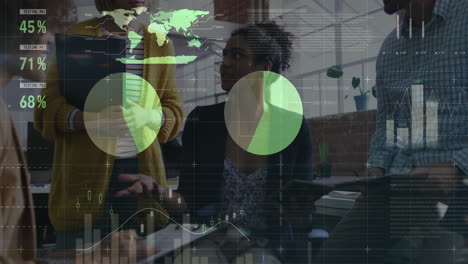 animation of statistical data processing on team of diverse colleagues discussing together at office