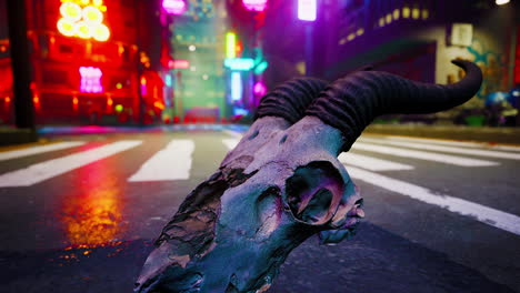 animal skull in a cyberpunk city at night