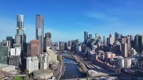 looking down the yarra river with city skyscrapers and cultural landmarks on both sides