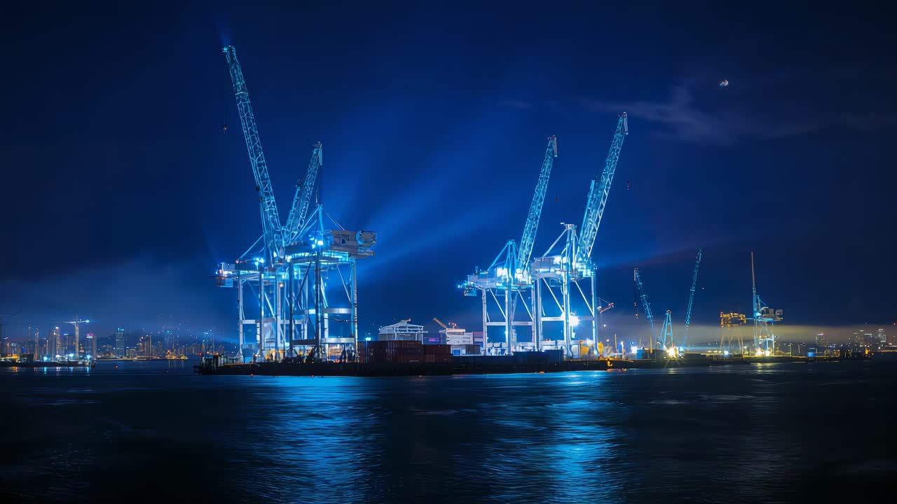 Lights activating three blue-lit gantry cranes casting beams across port at night, to light cargo