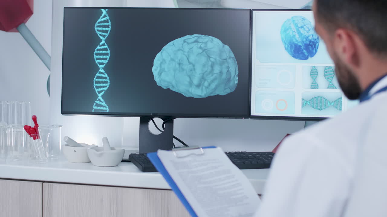 Scientist Analyzing DNA and Brain Research on Monitor