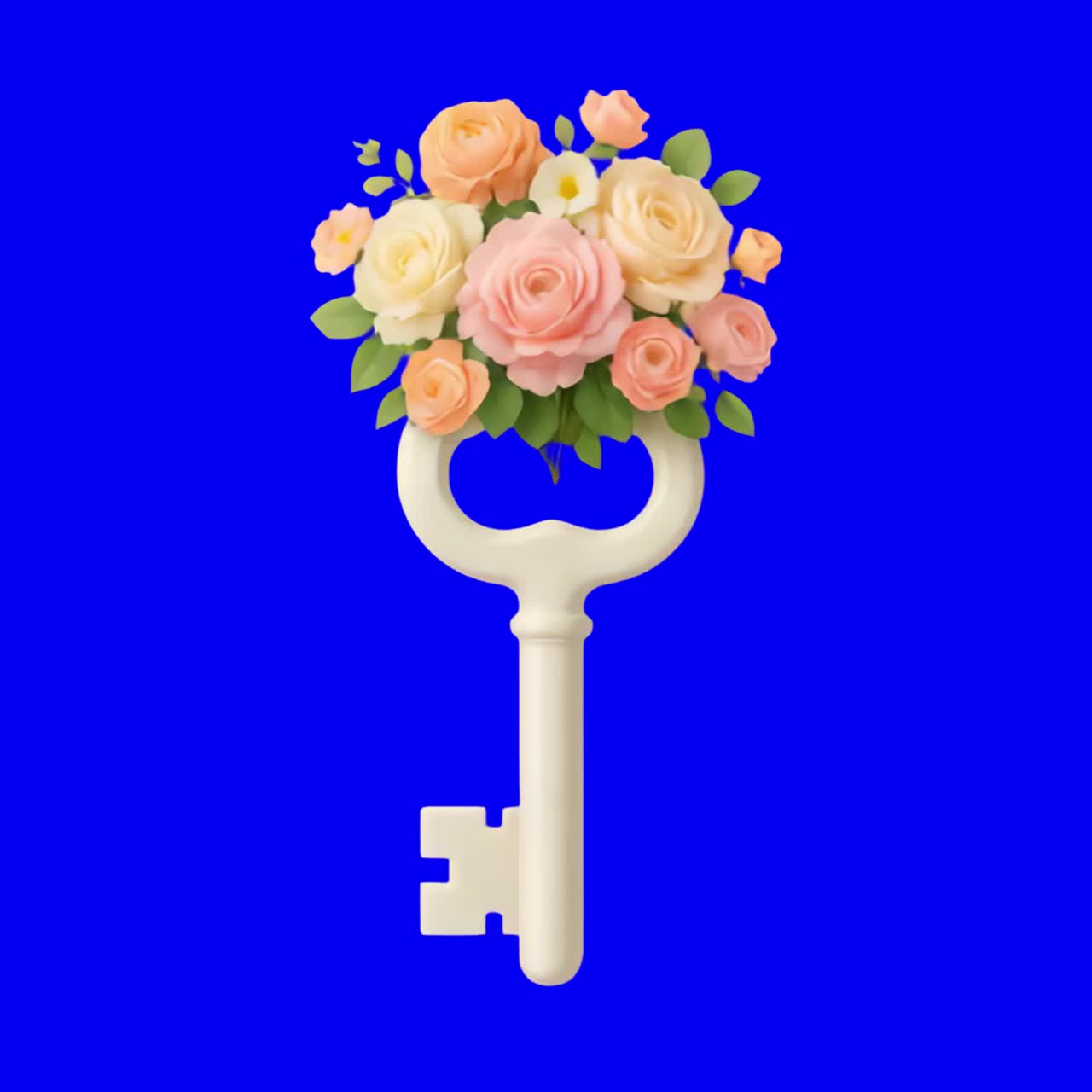 Key adorned with floral bouquet animation, transparent 4K video, green screen