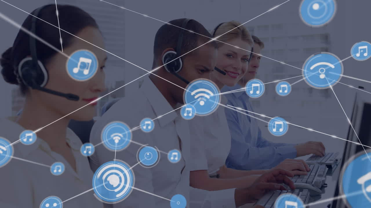 animación de una red de iconos digitales sobre diversas personas de negocios hablando en auriculares de teléfono