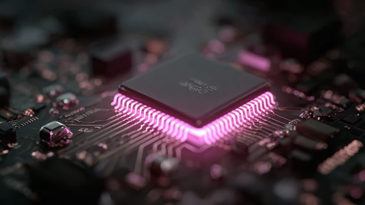 An Up-Close Look at a Circuit Board with a Future-Ready Microchip Radiating Glowing Pink Light, Showcasing Technological Advances in Electronics