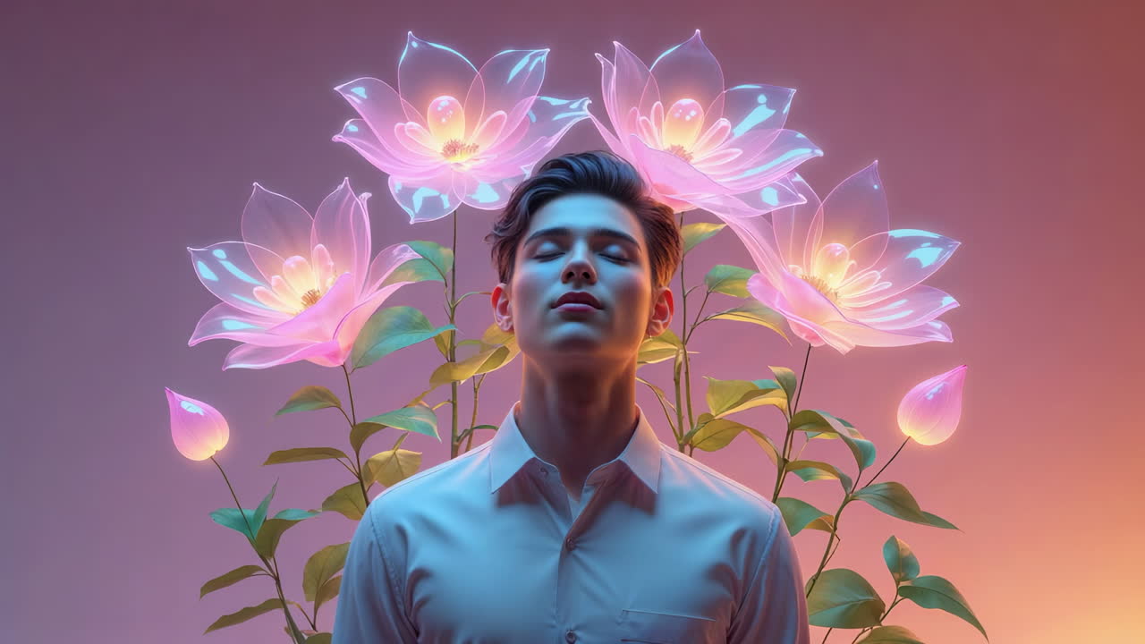 Ethereal Portrait of a Young Man with Glowing Pink Flowers